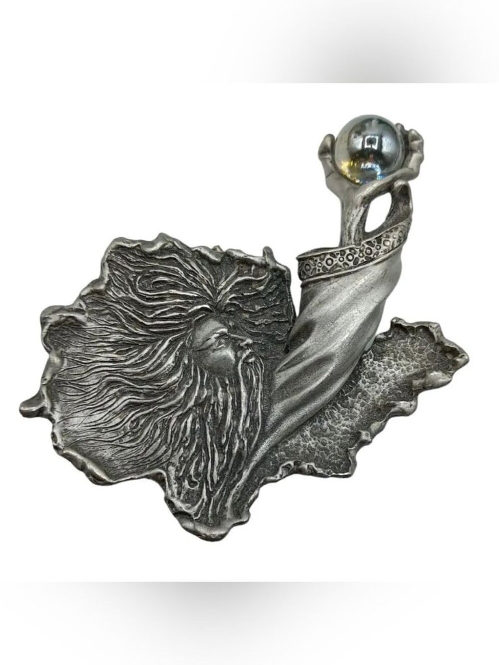 Vintage JJ Wizard Brooch Crystal Ball Pewter Jonette Signed Jewelry